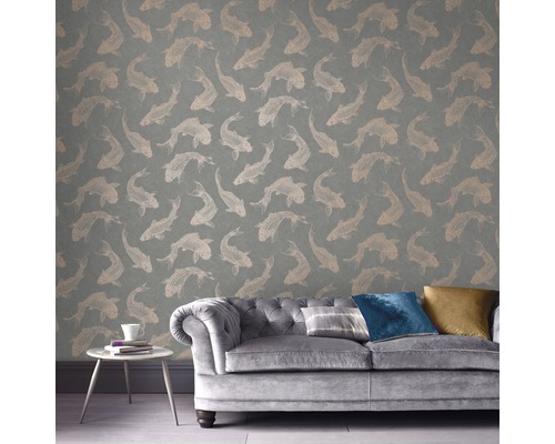 Salon avec papier peint gris et motif de poissons