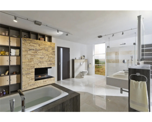 Salle de bain lumineuse avec baignoire, douche, toilettes, lavabo, étagère et cheminée