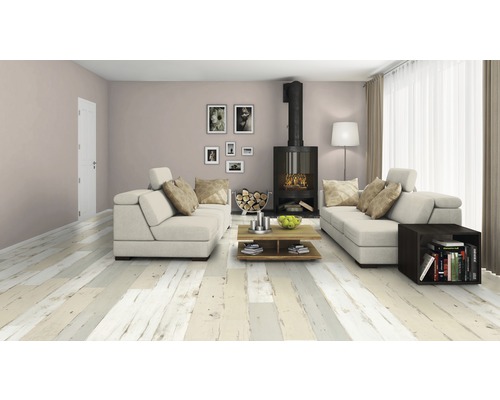 Salon avec deux canapés, cheminée, plancher en bois et table d''appoint