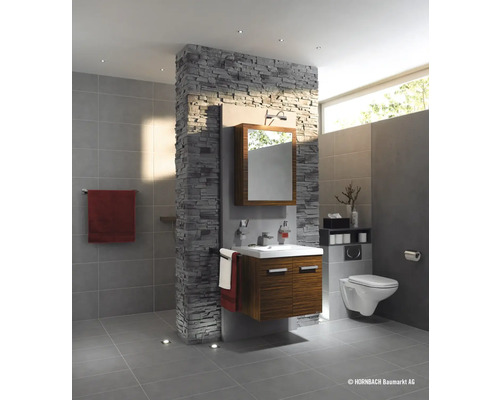 Salle de bain avec meuble-lavabo, miroir, toilettes et revêtement mural aspect pierre