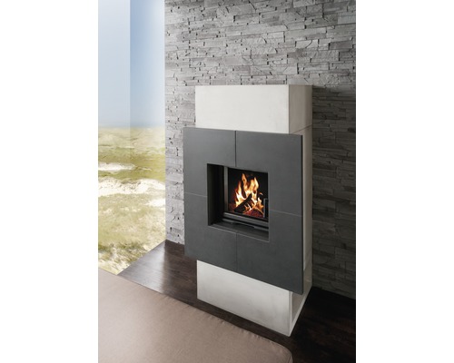 Poêle moderne avec revêtement en pierre et feu de bois dans le salon