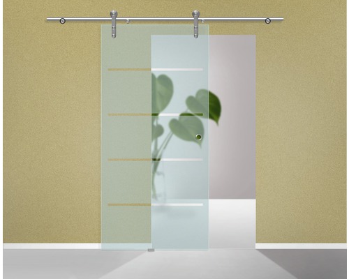 Glastür Schiebetür mit horizontalen Linien und Beschlägen an der Wand