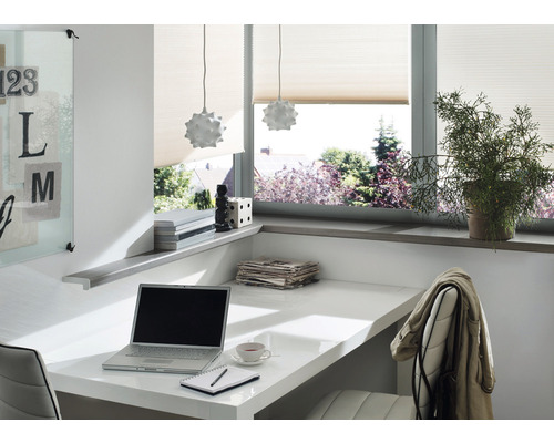 Bureau lumineux avec ordinateur portable, stores et éléments décoratifs