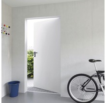 Intérieur avec porte intérieure blanche partiellement ouverte, vélo et seau