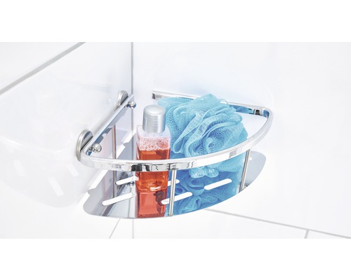 Étagère d''angle métallique avec gel douche et fleur de douche