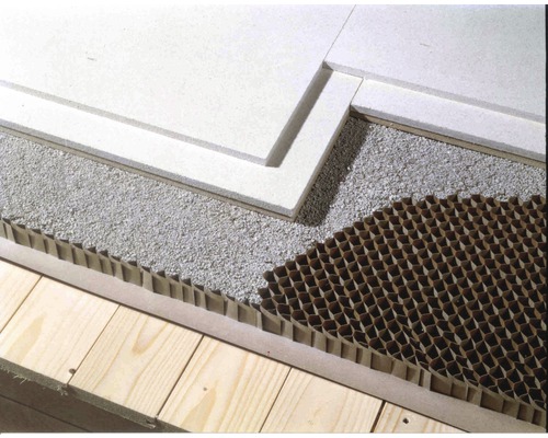 Construction multicouche avec panneaux de fibres de bois, gravier et structure en nid d''abeilles pour l''isolation phonique et l''isolation