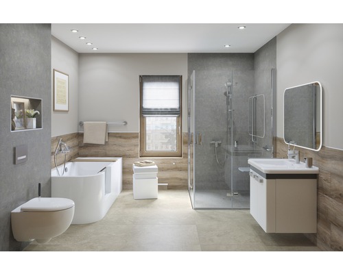 Salle de bains avec douche à l''italienne, baignoire avec porte, lavabo et WC suspendu pour un habitat sans obstacle
