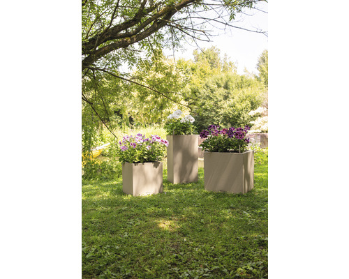 Drei bepflanzte, kubische Pflanzkübel im Garten.