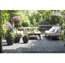 Terrasse mit Pflanzgefäßen, Holztisch und Sofa am Wasser