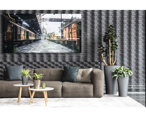 Salon avec canapé, tables basses, plantes en pot et une image encadrée de wagons de train