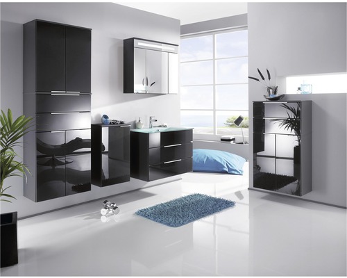 Ensemble de salle de bains moderne avec meubles noirs brillants, lavabo, armoire de toilette et radiateur sèche-serviettes