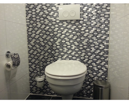 Badezimmer mit Toilette, Toilettenpapierhalter, Toilettenbürste und Mülleimer vor einer Wand mit Mosaikfliesen