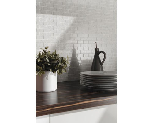 Scène avec des carreaux de mosaïque en brique, un plan de travail, de la vaisselle et de la décoration