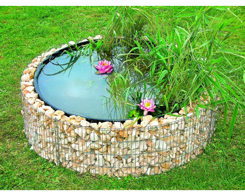 Module bassin surélevé bellissa avec film Ø 146 x 40 cm, env. 490 l de capacité Bassin de jardin rond avec bordure en gabion, planté de nénuphars et d''herbes sur une pelouse