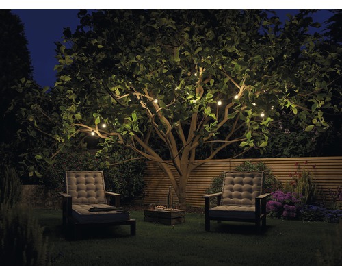 Garten in der Nacht mit beleuchtetem Baum und Gartenmöbeln