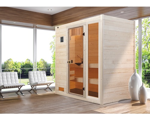 Sauna en bois massif Weka Valida GTF avec poêle bio 7,5 kW et commande numérique, avec fenêtre et porte entièrement vitrée en verre transparent