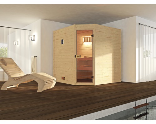 Sauna d'angle en bois massif Weka Valida GT avec poêle 7,5 kW et commande numérique, sans fenêtre, avec porte entièrement vitrée en verre transparent