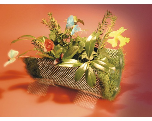 Gesteck mit Blumen und Dekorationselementen in einem Gefäß