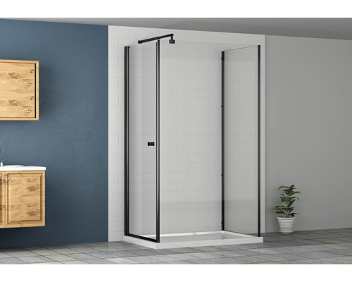 Cabine de douche avec cadre noir dans la salle de bain.