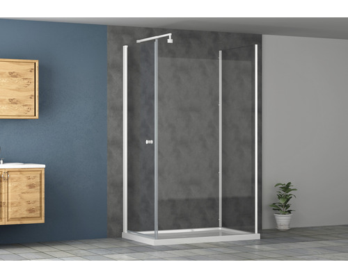 Cabine de douche avec accès d''angle dans la salle de bain.