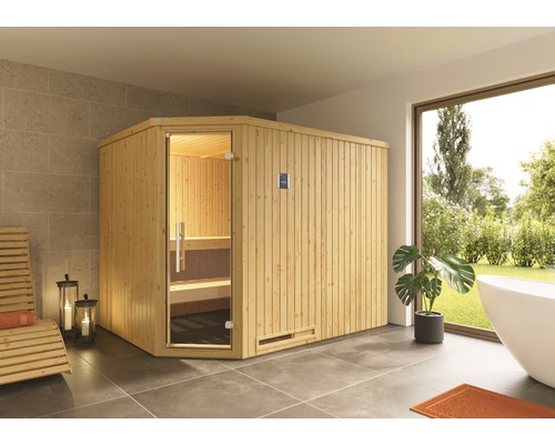 Sauna modulaire d'angle Weka Varberg GTF avec poêle bio 7,5 kW et commande numérique, sans fenêtre, avec porte entièrement vitrée couleur graphite