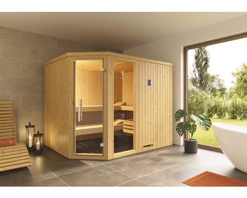 Sauna modulaire d'angle Weka Varberg GTF avec poêle bio 7,5 kW et commande numérique, avec fenêtre et porte entièrement vitrée couleur graphite