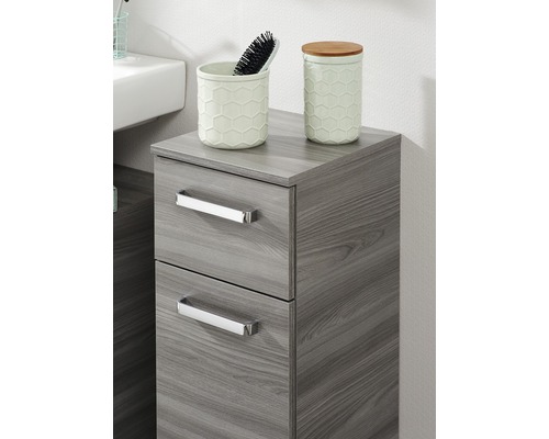 Grauer Badezimmer Unterschrank mit zwei Schubladen und Aufbewahrungsbehältern