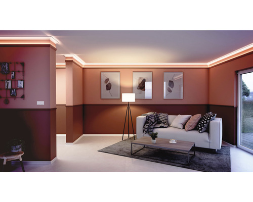 Salon avec moulures et éclairage indirect au plafond, complété par un canapé et de la décoration