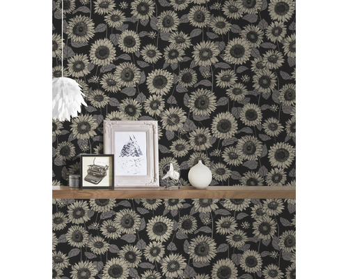 Tapete mit Sonnenblumenmuster auf dunklem Hintergrund