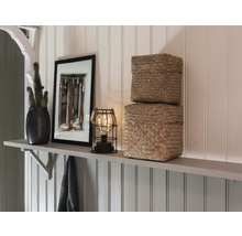 Scène décorative avec plante, tableau, lampe et deux paniers sur une étagère