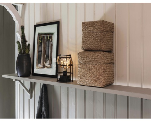 Scène décorative avec plante, tableau, lampe et deux paniers sur une étagère