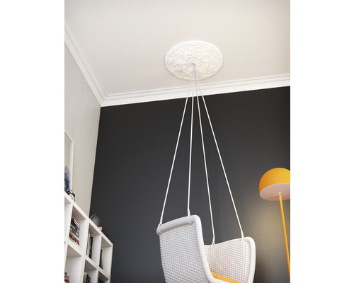 Photo d''intérieur d''une pièce avec une rosace de plafond, un dispositif de suspension et une grotte suspendue.