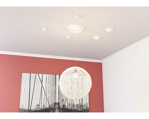 Vue d''une pièce avec plafonnier et rosace de plafond
