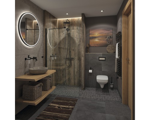 Badezimmer mit Dusche, Waschbecken, Spiegel, Toilette und Holzverkleidung für ein natürliches Ambiente