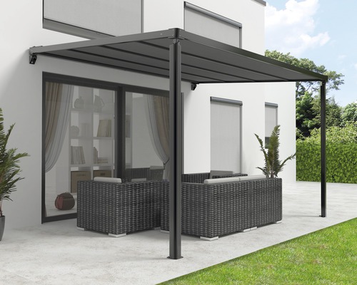 Pergola avec toit en tissu 2,94x3,94 tissu uni anthracite châssis RAL 9011 noir graphite avec moteur, télécommande et éclairage LED (fixation murale)