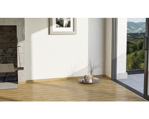 Heller Raum mit Holzboden, Kamin und Terrassentür