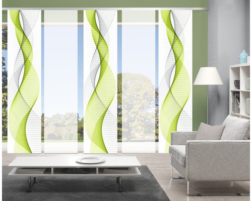 Raumszene mit Schiebegardinen mit Wellenmuster in Grün und Grau
