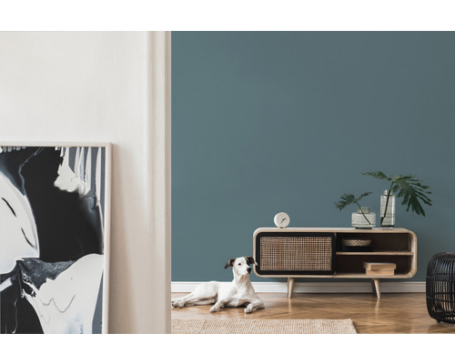 Salon avec commode, plantes, décoration et chien