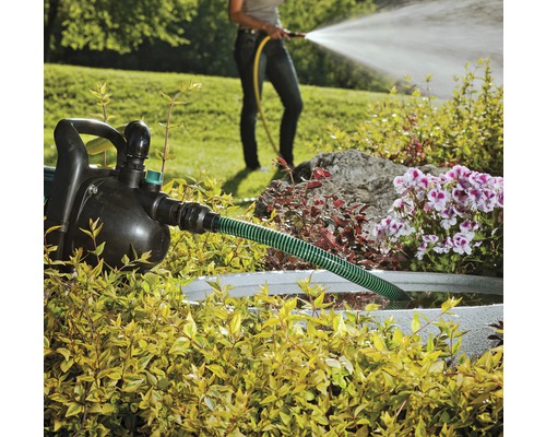 Jardin avec pompe de jardin, tuyau et une personne arrosant avec un tuyau d''arrosage