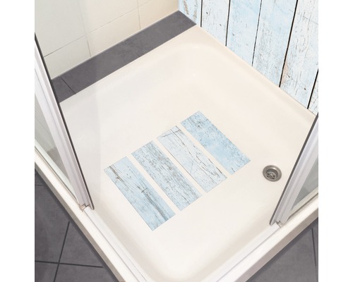 Dusche mit Duschkabine und Duschmatten in Holzoptik