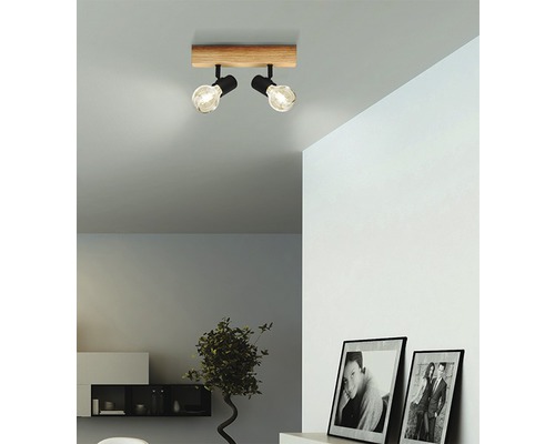 Spot de plafond acier/bois 2 ampoules lxL 50x300 mm Townshend bois clair/noir