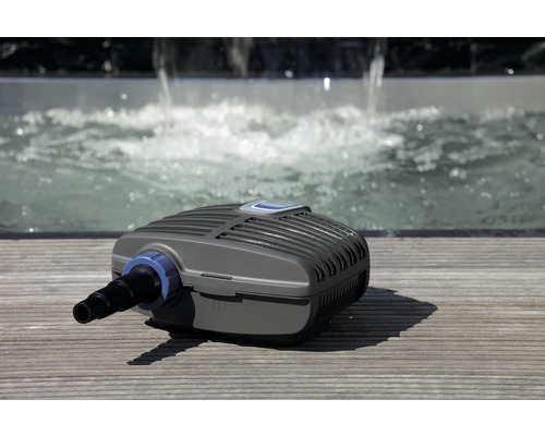 Teichpumpe auf Holzdeck mit Teich im Hintergrund