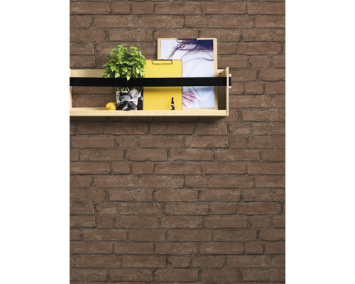 Regal aus Holz an einer Ziegelwand mit Pflanze und Büroartikeln