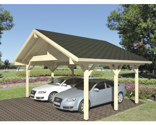 Carport double Palmako Robert 20,6 m² 635 x 510 cm imprégné par immersion Double carport en bois avec toit pour deux voitures