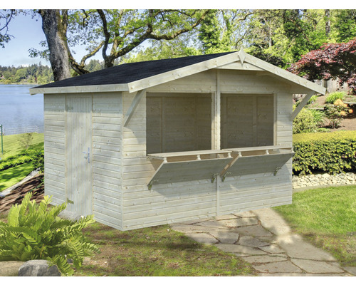 Stand de marché Palmako Stella 8,2 m² 361 x 320 cm apprêté par imprégnation Abri de jardin en bois avec porte et deux fenêtres dans le jardin