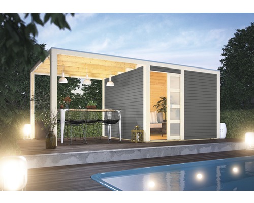 Gartenhaus Karibu Carlson 2 mit Schleppdach und selbstklebender Dachfolie 512x276 cm terragrau