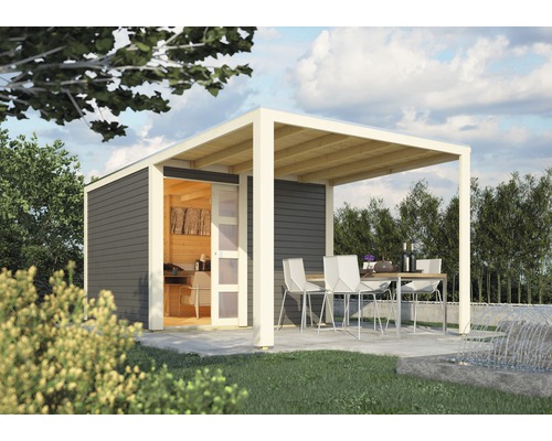 Maison de jardin en bois avec terrasse couverte, mobilier de jardin et design moderne.