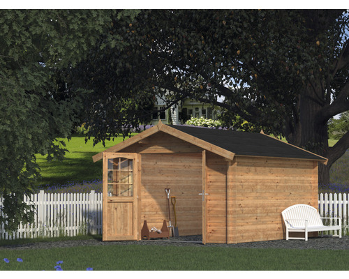 Abri de jardin Palmako Lotta 10,0 m² 331 x 430 cm imprégné par immersion marron Scène de jardin avec abri de jardin en bois, porte ouverte et banc de jardin