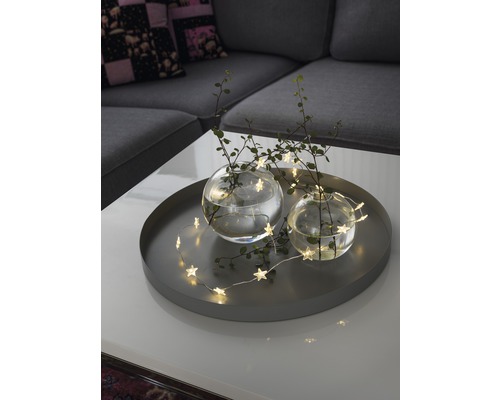 Décoration avec guirlande lumineuse étoile, deux vases en verre et plantes sur un plateau de service