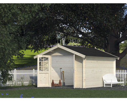 Abri de jardin Palmako Lotta 10,0 m² 331 x 430 cm imprégné par immersion Abri de jardin en bois avec portes ouvertes, outils de jardin et banc de jardin